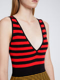 Detail image of model wearing Slinky Stripe Tank Top Dress in CHERRY/GOLDEN ROD/BLACK