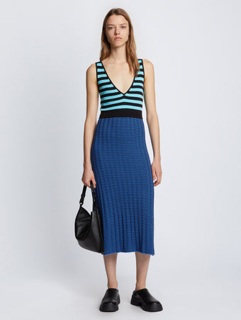 Front full length image of model wearing Slinky Stripe Tank Top Dress in AQUA/BLACK/OXFORD BLUE