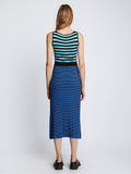 Back full length image of model wearing Slinky Stripe Tank Top Dress in AQUA/BLACK/OXFORD BLUE