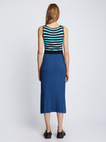 Back full length image of model wearing Slinky Stripe Tank Top Dress in AQUA/BLACK/OXFORD BLUE