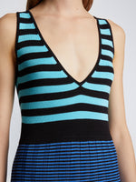 Detail image of model wearing Slinky Stripe Tank Top Dress in AQUA/BLACK/OXFORD BLUE