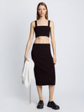 Front full length image of model wearing Pointelle Rib Knit Skirt in BLACK
