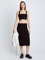 Front full length image of model wearing Pointelle Rib Knit Skirt in BLACK