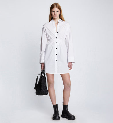 Front full length image of model wearing Soft Poplin Button Down Shirt Dress in OFF WHITE