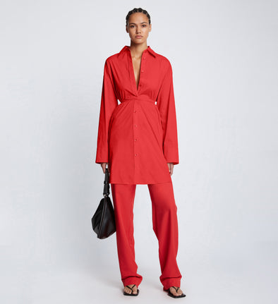 Front full length image of model wearing Soft Poplin Button Down Shirt Dress in CHERRY