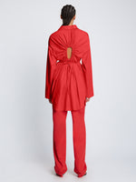 Back full length image of model wearing Soft Poplin Button Down Shirt Dress in CHERRY