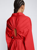 Detail image of model wearing Soft Poplin Button Down Shirt Dress in CHERRY