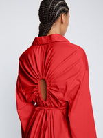 Detail image of model wearing Soft Poplin Button Down Shirt Dress in CHERRY