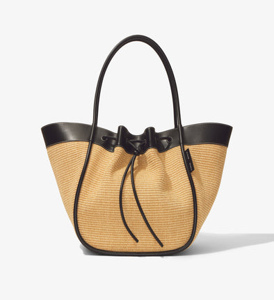 Front image of XL Raffia Ruched Tote in BLACK/SAND