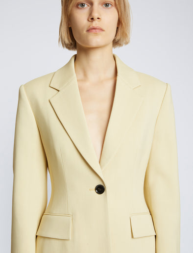 Detail image of model wearing Viscose Suiting Jacket in PARCHMENT