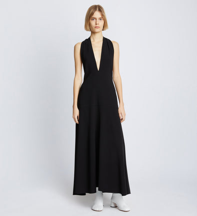 Front full length image of model wearing Matte Crepe Twist Back V-Neck Dress in BLACK