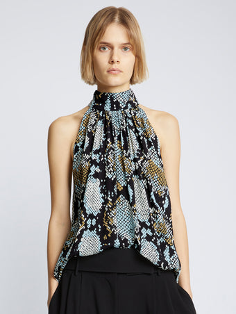 Front cropped image of model wearing Printed Snake Crepe De Chine Top in BLACK MULTI
