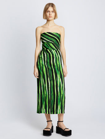 Front full length image of model wearing Painted Stripe Strapless Dress in FATIGUE MULTI