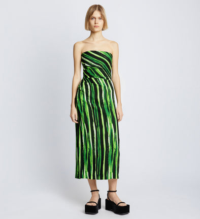 Front full length image of model wearing Painted Stripe Strapless Dress in FATIGUE MULTI