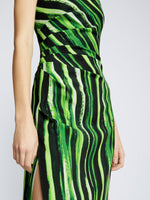 Detail image of model wearing Painted Stripe Strapless Dress in FATIGUE MULTI