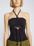 Detail image of model wearing Compact Jersey Ruched Bodysuit in BLACK