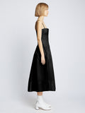Side full length image of model wearing Eco Poplin Pintuck Dress in BLACK