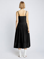 Back full length image of model wearing Eco Poplin Pintuck Dress in BLACK