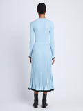 Back full length image of model wearing Silk Cashmere Rib Knit Skirt in LIGHT BLUE