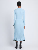 Back full length image of model wearing Silk Cashmere Rib Knit Skirt in LIGHT BLUE