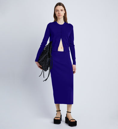 Front full length image of model wearing Silk Viscose Knit Skirt in COBALT