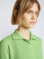 Detail image of model wearing Metallic Knit Polo in GREEN