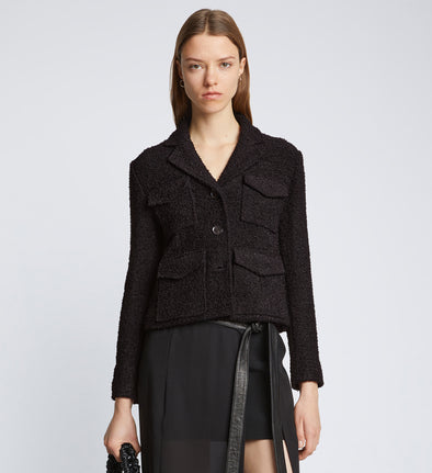 Front cropped image of model wearing Bi-Stretch Tweed Jacket in BLACK