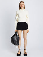 Front full length image of model wearing Viscose Suiting Shorts in BLACK