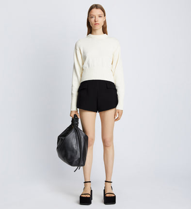 Front full length image of model wearing Viscose Suiting Shorts in BLACK