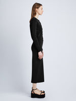 Side full length image of model wearing Silk Viscose Cardigan in BLACK
