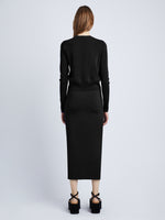 Back full length image of model wearing Silk Viscose Cardigan in BLACK