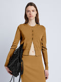 Front cropped image of model wearing Silk Viscose Cardigan in OCHRE
