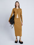 Front full length image of model wearing Silk Viscose Cardigan in OCHRE
