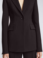 Detail image of model wearing Viscose Suiting Jacket in BLACK