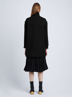 Back full length image of model wearing Technical Gabardine Peacoat in BLACK