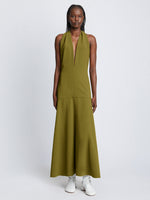 Front full length image of model wearing Matte Crepe Twist Back V-Neck Dress in OLIVE