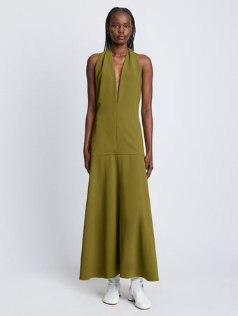 Front full length image of model wearing Matte Crepe Twist Back V-Neck Dress in OLIVE