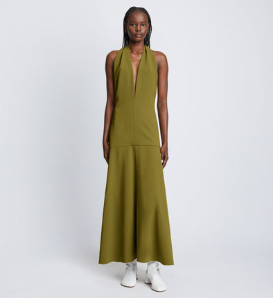 Front full length image of model wearing Matte Crepe Twist Back V-Neck Dress in OLIVE