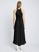 Back full length image of model wearing Crepe Jersey Ruched Dress in BLACK