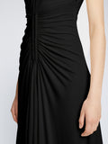 Detail image of model wearing Crepe Jersey Ruched Dress in BLACK