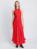 Front full length image of model wearing Crepe Jersey Ruched Dress in POPPY