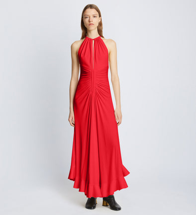 Front full length image of model wearing Crepe Jersey Ruched Dress in POPPY