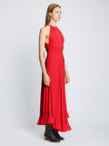 Side full length image of model wearing Crepe Jersey Ruched Dress in POPPY