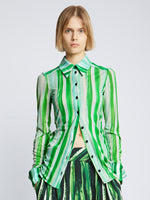 Front cropped image of model wearing Painted Stripe Matte Jersey Shirt in BLUE/GREEN MULTI