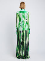 Back full length image of model wearing Painted Stripe Matte Jersey Shirt in BLUE/GREEN MULTI