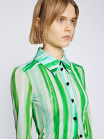 Detail image of model wearing Painted Stripe Matte Jersey Shirt in BLUE/GREEN MULTI