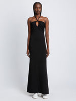 Front full length image of model wearing Textured Cotton Knit Halter Dress in BLACK