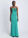 Front full length image of model wearing Textured Cotton Knit Halter Dress in TEAL