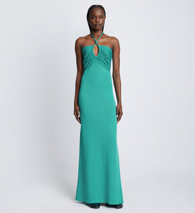 Front full length image of model wearing Textured Cotton Knit Halter Dress in TEAL