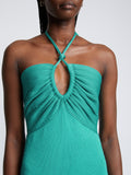 Detail image of model wearing Textured Cotton Knit Halter Dress in TEAL
